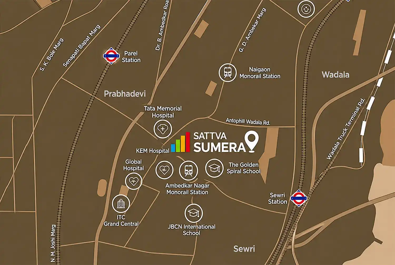Sattva Sumera Parel location map showing Sewri Station, the Eastern Freeway, Atal Setu, Lower Parel and BKC